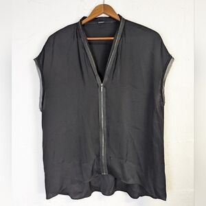 Elie Tahari Silk Blouse Womens Medium Black Zip Front Boxy Grunge Crop Rock